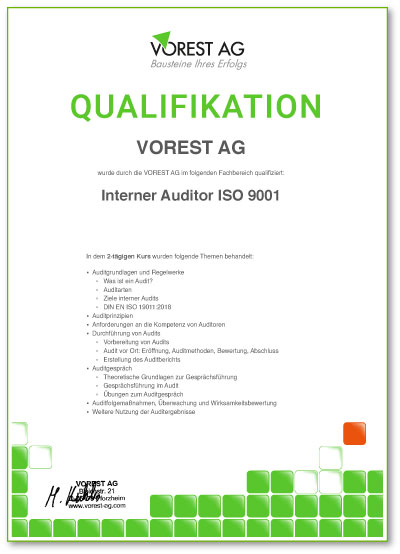 Lean Management Weiterbildung Qualifikationsbescheinigung der VOREST AG auf Deutsch