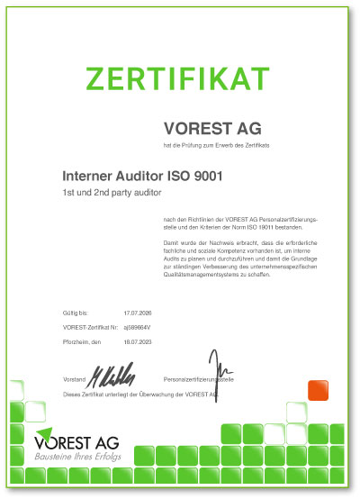 KVP Schulungen online Zertifikat der VOREST AG auf Deutsch